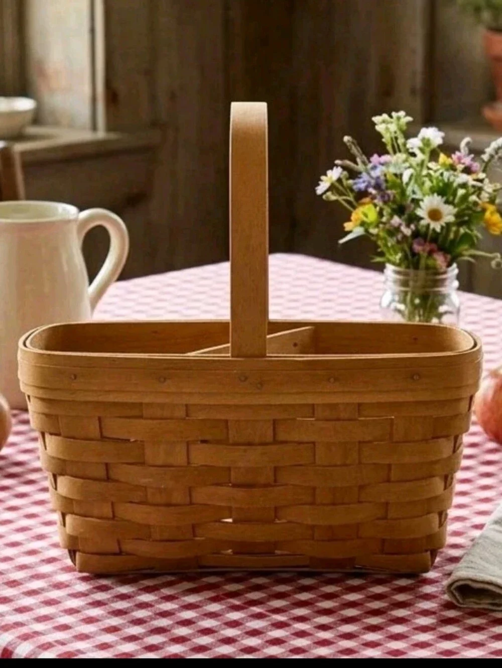 Vtg Longaberger Woven 1999 Basket W/Plastic Protector & Wooden Divider 10x6x4